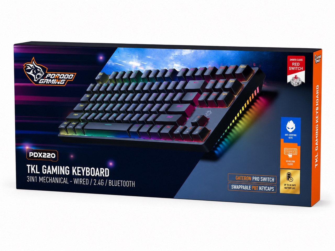 PORODO Gaming 3in1 Keyboard PDX220-87 Keys Anti Ghosting/20 RGB Modes/USB Wire/2.4G/Bluetooth -For PC & Laptop - Black